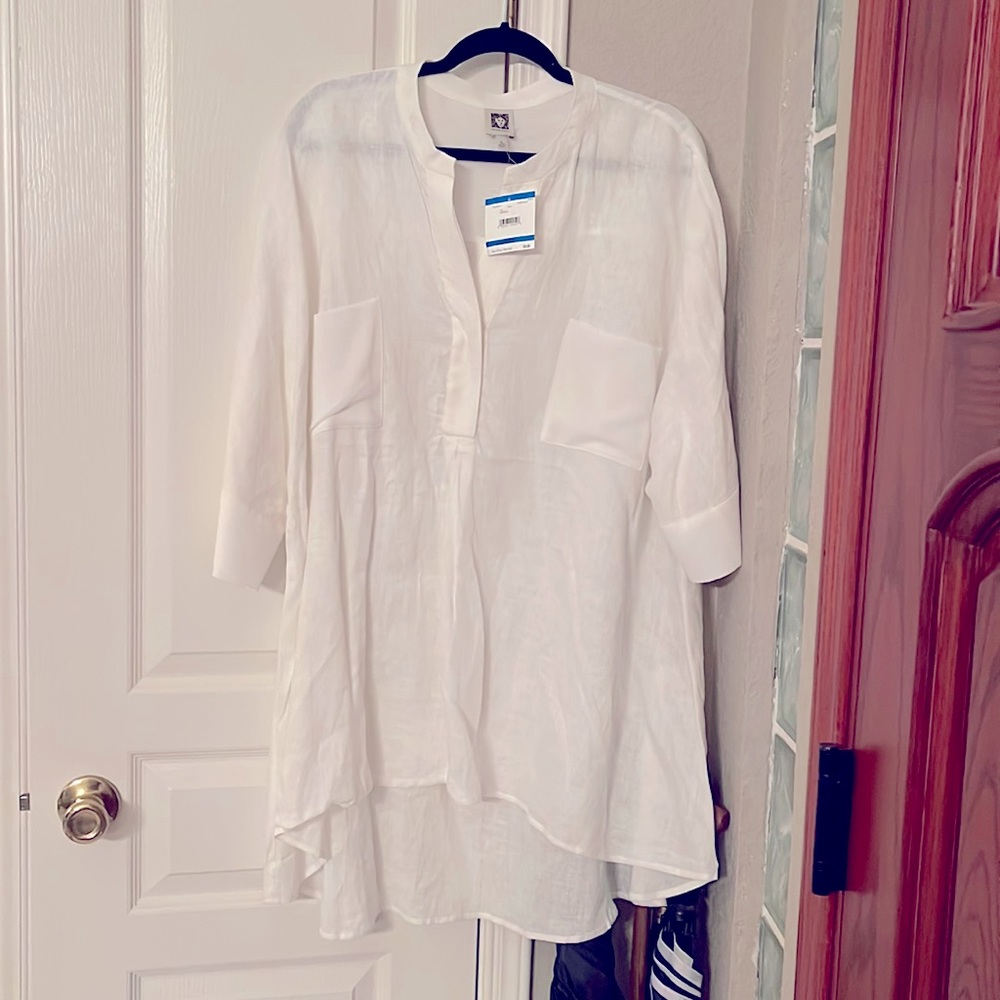 LINEN —ANNE KLIEN  HIGH LOW ,FULL BLOUSE